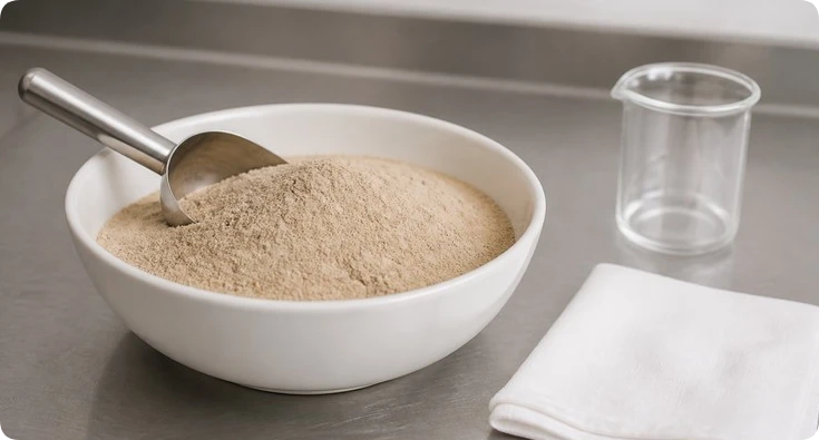 yeast extract powder in a white bowl with a stainless scoop on a formulation bench yeast extract powder in a white bowl with a stainless scoop on a formulation bench
