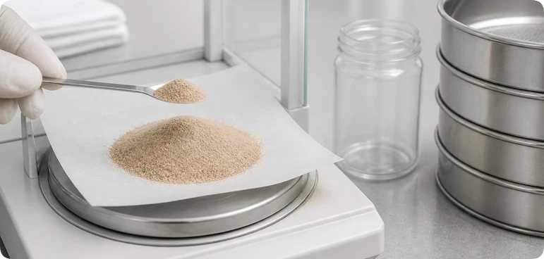 weighing a yeast extract powder sample on an analytical balance during quality control weighing a yeast extract powder sample on an analytical balance during quality control