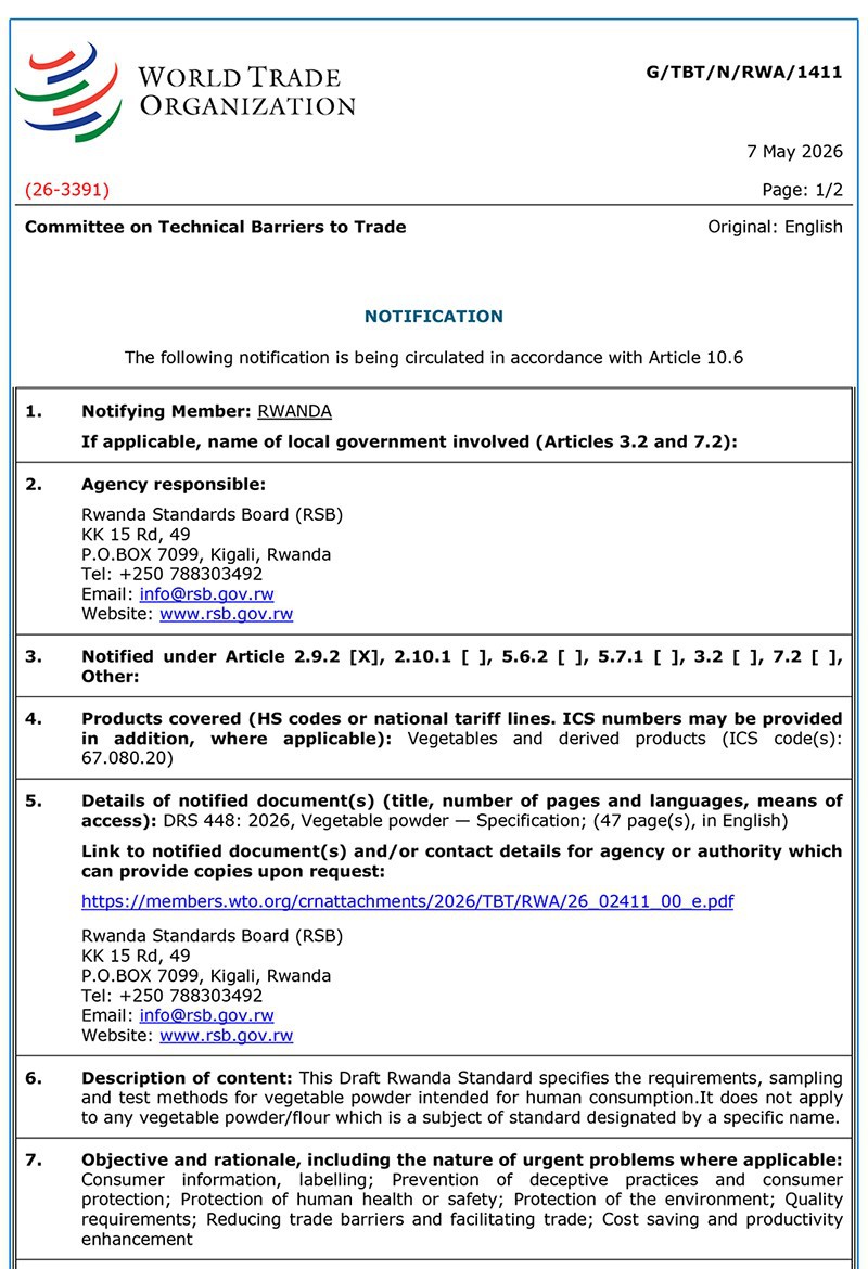 Notification No. G/TBT/N/RWA/1411-1 Notification No. G/TBT/N/RWA/1411-1
